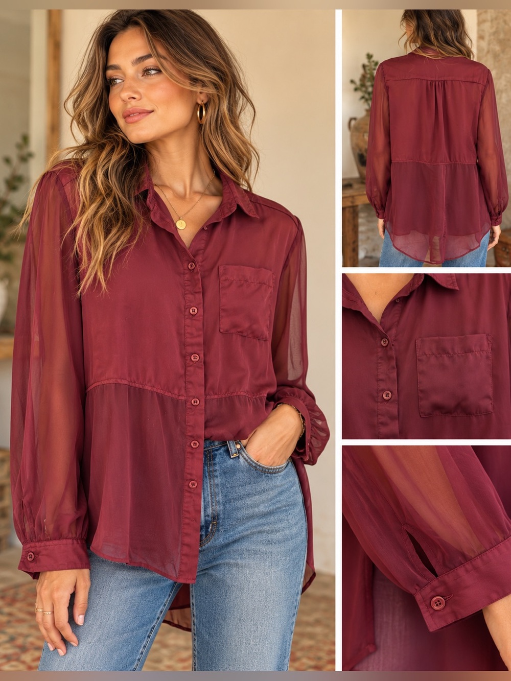 Free People Best of Both Worlds Sheer Button Down Blouse Burgundy Boho Romantic